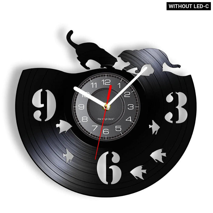 Charming Cat And Fishbowl Vinyl Record Wall Clock