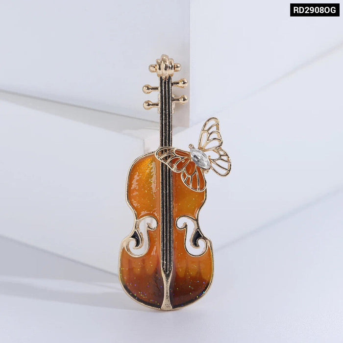 Charming Enamel Violin Brooch Pin With Butterfly Womens Fashion Accessory