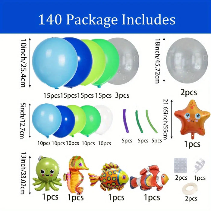 140Pcs Ocean-Themed Balloon Garland Kit - Blue Sea Animal Party Decor For Summer & Birthday Celebrations Indoor / Outdoor Use