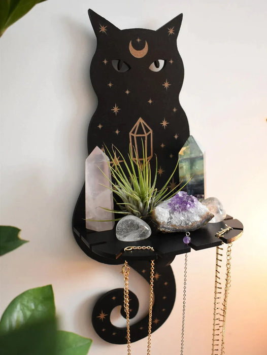 Wooden Cat Wall Shelf With Crystal Display