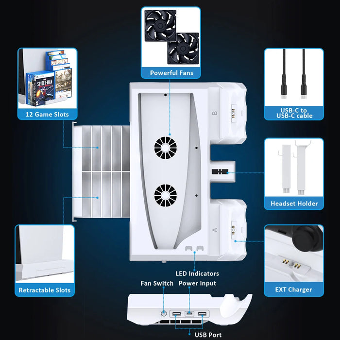 Vertical Cooling Stand Dual Charger 12 Game Slots For Ps5