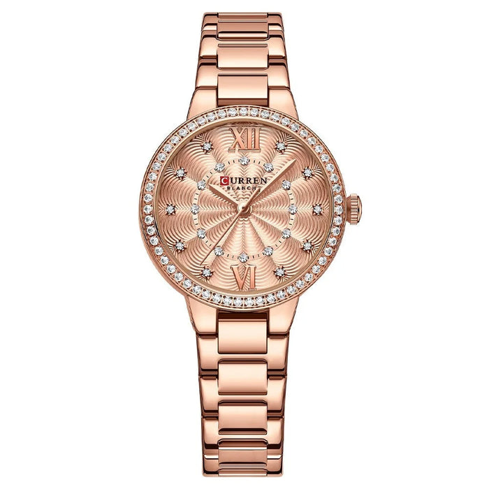 Quartz Wristwatches For Women Rhinestones Rose Dial Fashion Watches With Stainless Steel