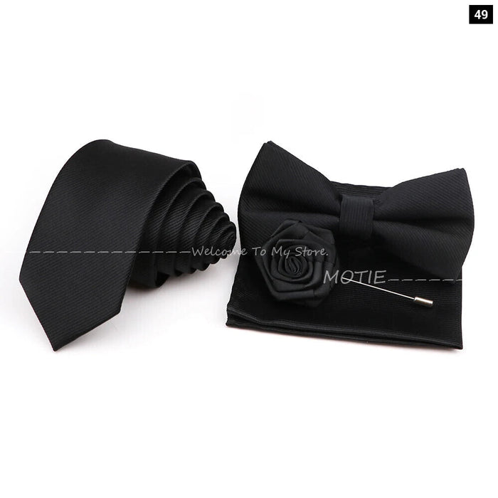 Tie Set Solid Colour Bowtie Handkerchief Brooch Cufflink For Business Weddings And Gifts