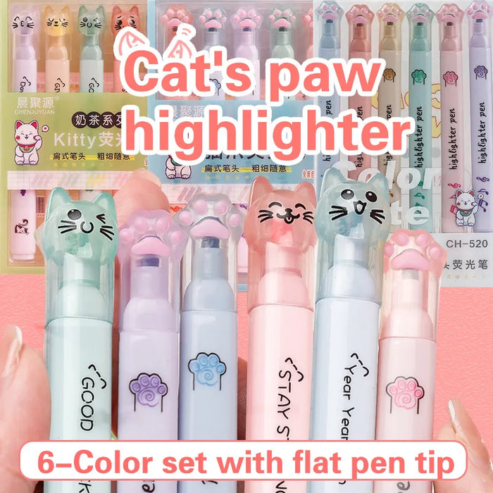 Pack Of 6 Kawaii Cat Claw Highlighters Fluorescent Art Markers