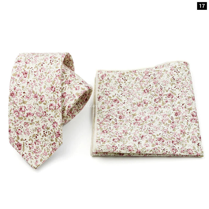 Floral Cotton Ties And Pocket Square Set For Business And Weddings