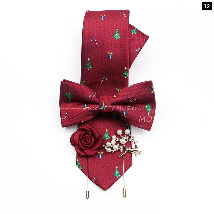 Christmas Tie Set Red Snowflake Bowtie And Brooches For Parties And Gifts