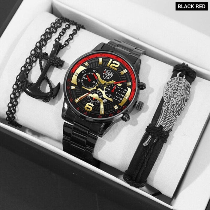 3PCS Luxury Fashion Mens Watches for Men Necklace Bracelet Quartz Wristwatch Male Business Casual Leather Wrist Watch