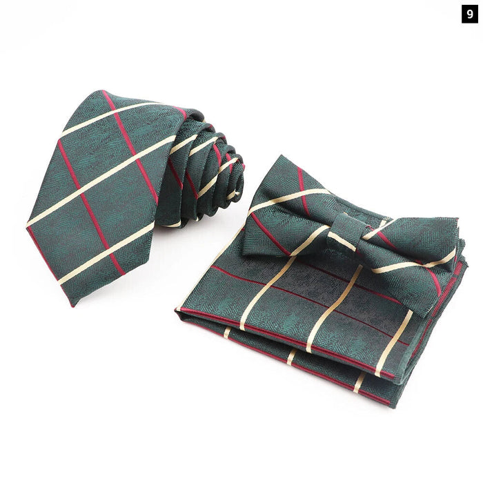 Red Plaid Tie Set Classic Handkerchief Bowtie For Business Wedding Party Mens Gift