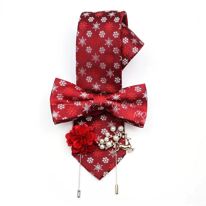 Christmas Tie Set Red Snowflake Bowtie And Brooches For Parties And Gifts