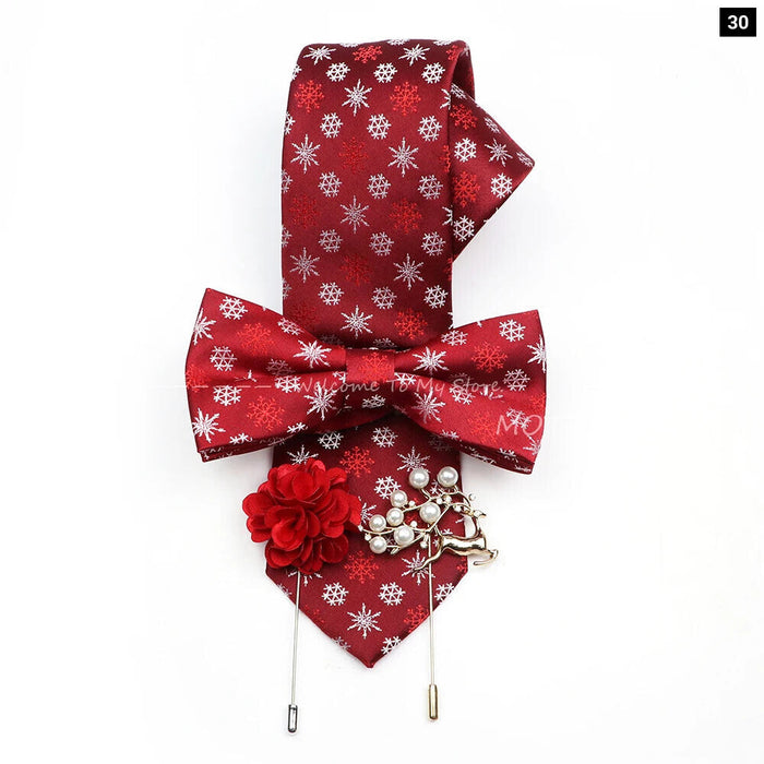 Christmas Tie Set Red Snowflake Bowtie And Brooches For Parties And Gifts