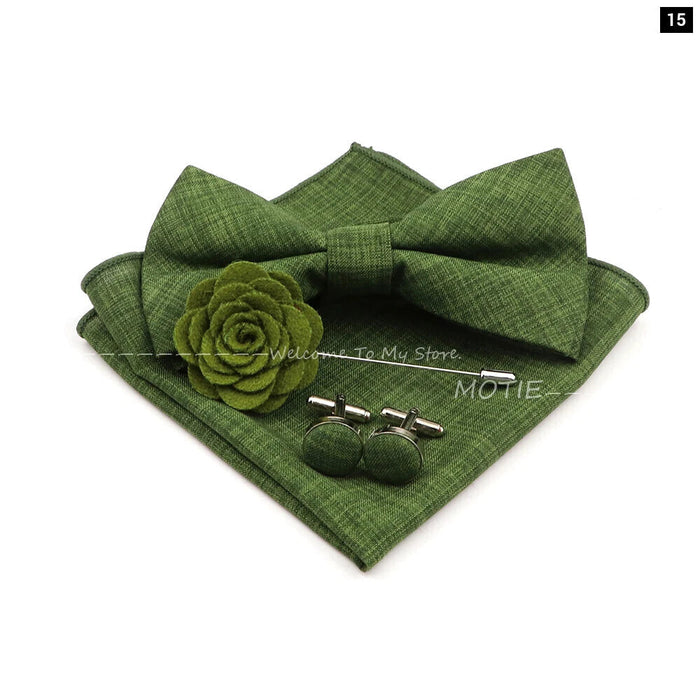 Classic Bowtie Set With Handkerchief Cufflink And Brooch