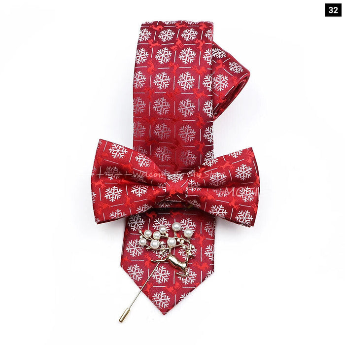 Christmas Tie Set Red Snowflake Bowtie And Brooches For Parties And Gifts