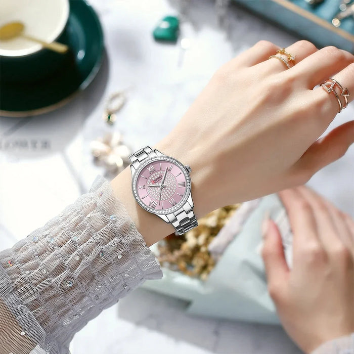 Rhinestones Charming Quartz Stainless Steel Luminous Hands Wristwatches For Women