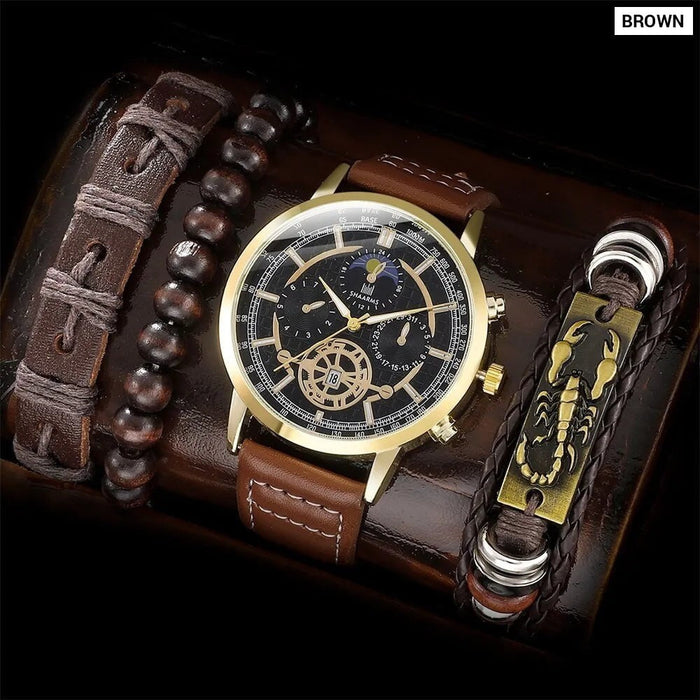 4PCS Set Men Watch Luxury Bracelet Set Fashion Business Brown Leather Quartz Wrist Watches for Men Set