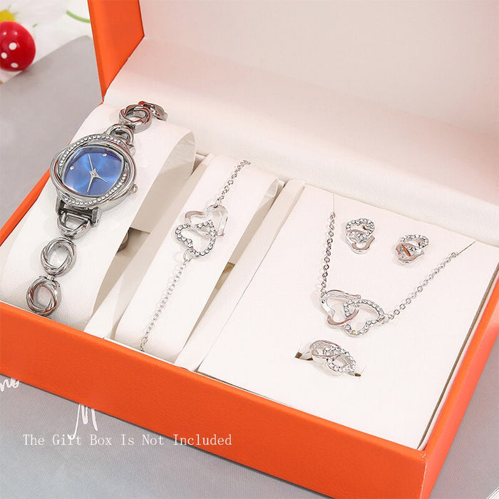 5Pcs Set Watches Women Hollow Chain Watches Simple Casual Women'S Wristwatch Bracelet Necklace Earring