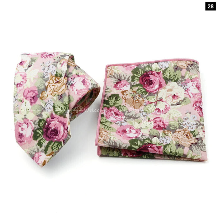 Floral Cotton Ties And Pocket Square Set For Business And Weddings