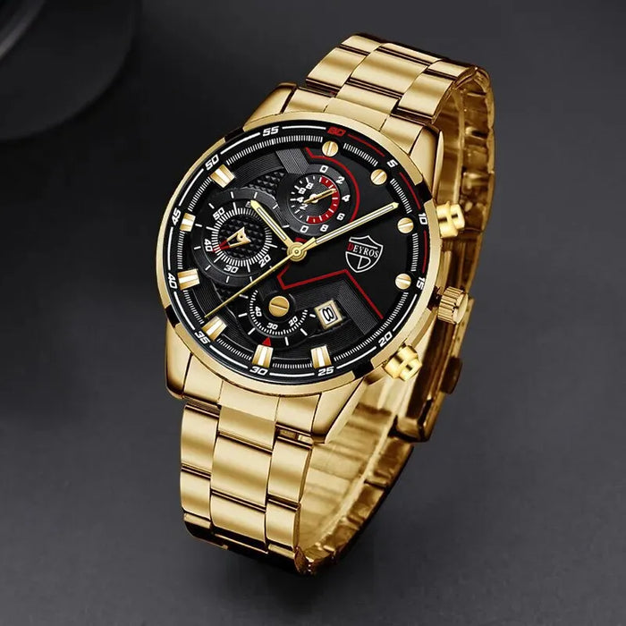 2PCS Fashion Mens Necklace Watches Set Men Business Calendar Stainless Steel Quartz Watch Male Casual Sports Wristwatch