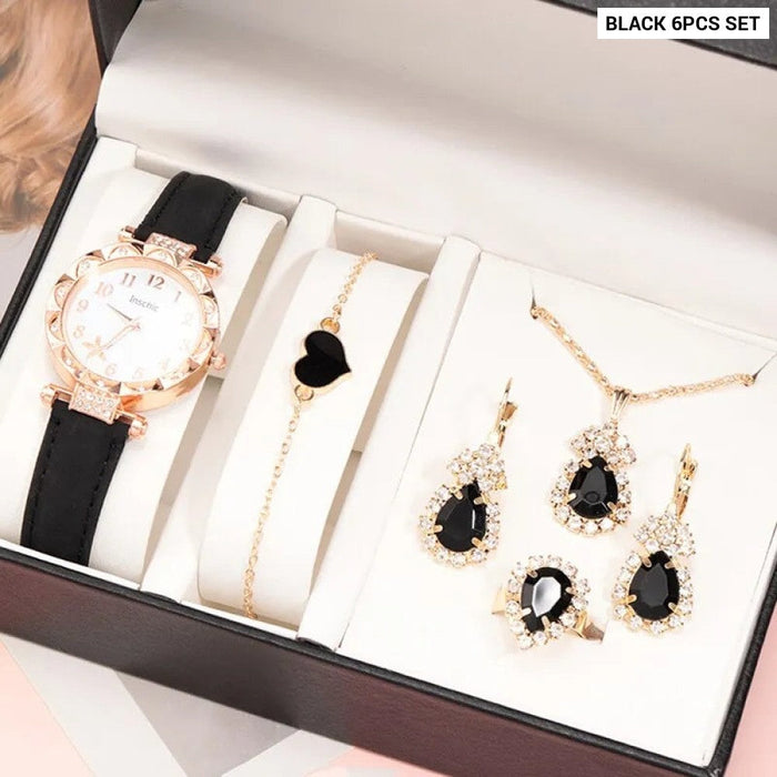 6Pcs Set Fashion Women Jewelry Watches Ladies Dress Black Leather Quartz Watch Womens Necklace Earrings Bracelet Wrist Watch