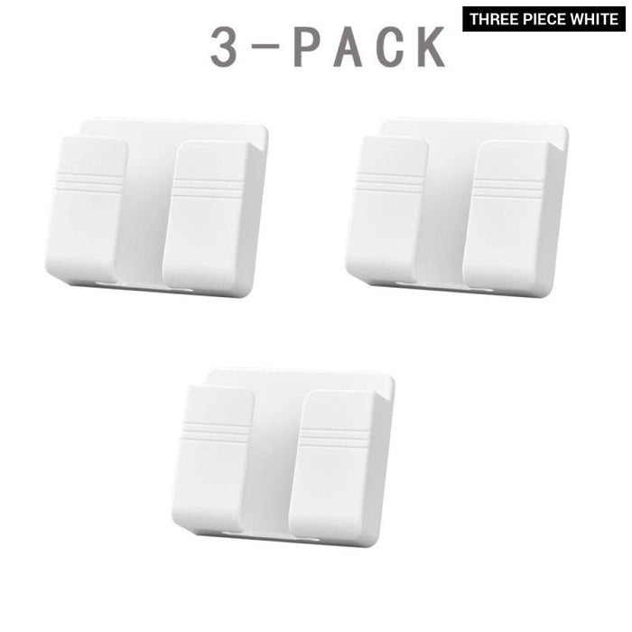 3pcs Wall Mount Phone Holder White Punch Free Wall Mobile Phones Charging Stand Lazy Sticky Remote Control Storage Box