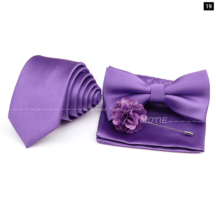 Tie Set Solid Colour Bowtie Handkerchief Brooch Cufflink For Business Weddings And Gifts