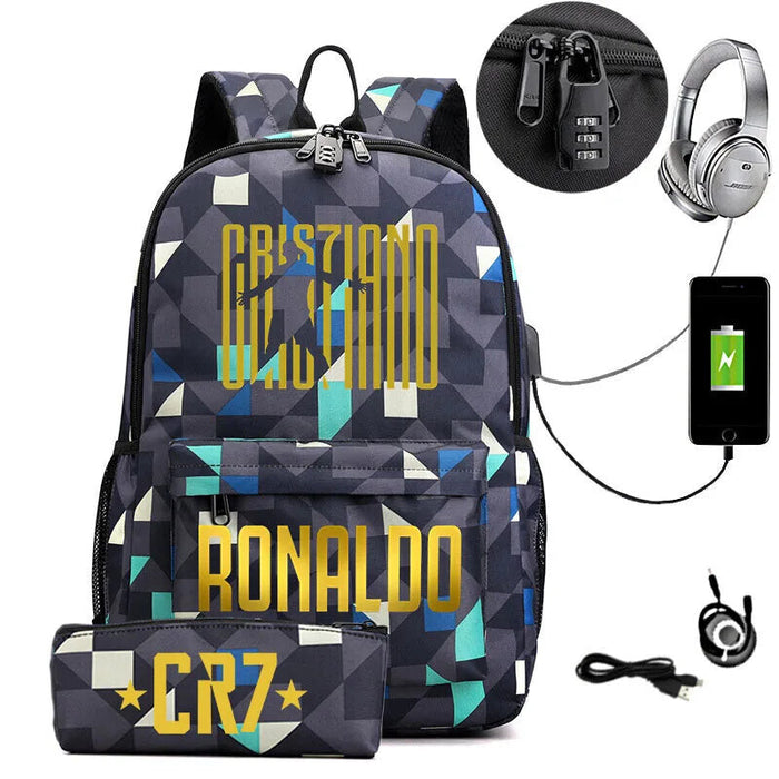 Ronaldo Printed Backpack With Usb And Lock 2 Piece Set