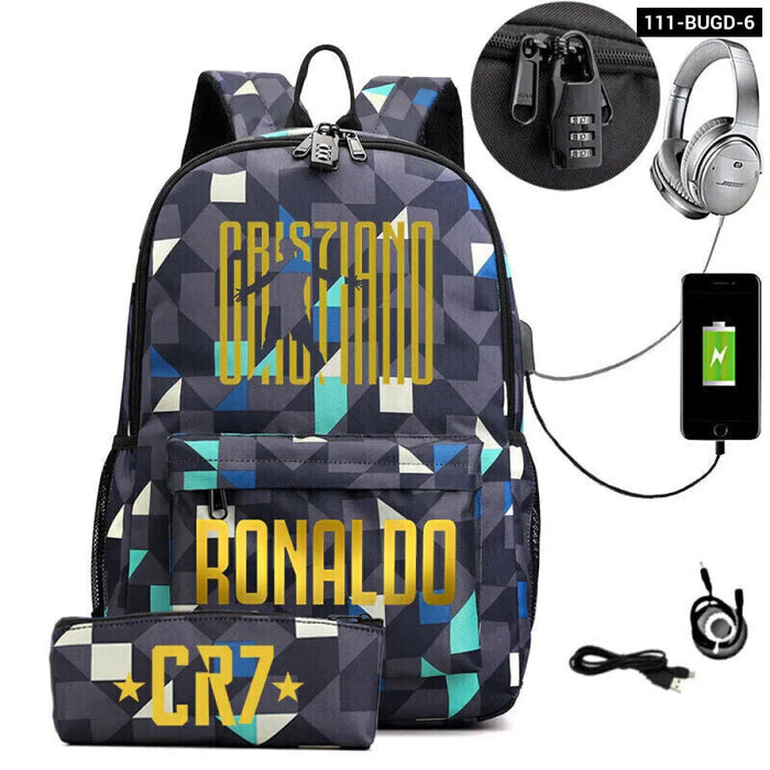 Ronaldo Printed Backpack With Usb And Lock 2 Piece Set