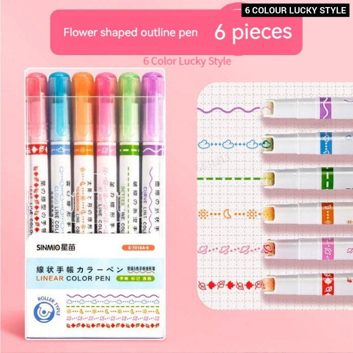 6 Pieces Highlighter Roller Tip Curve Liner Marker Pens Kawaii Korean Stationery