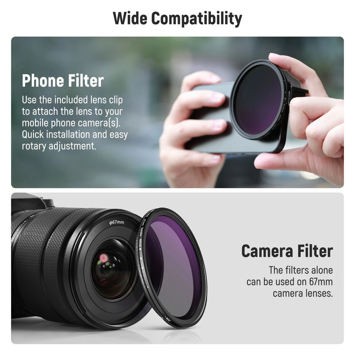 67Mm Clip On Variable Nd2 Nd32 Phone Lens Filter Kit With Adapter Ring Cold Shoe And Locking Knob