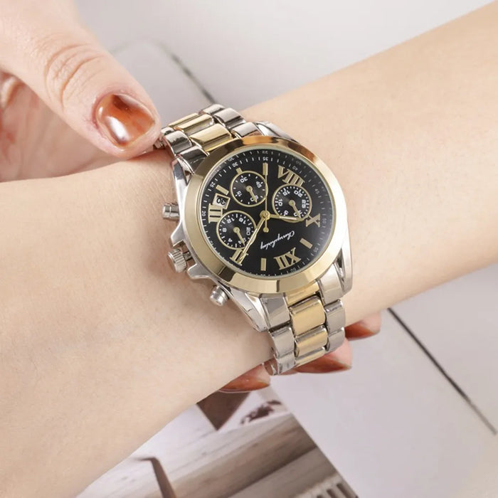 Mens & Womens Calender Steel Lover Quartz Wrist Watch 4Pcs Set With Bracelets