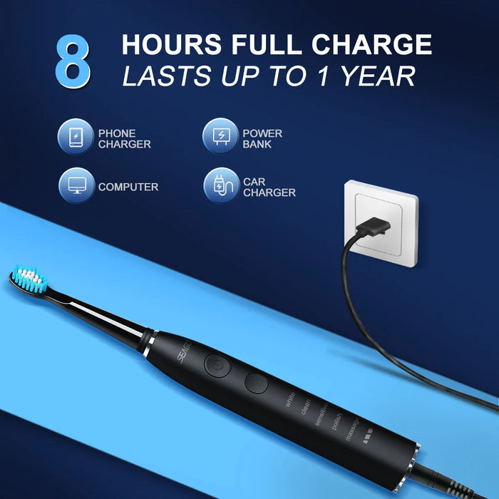 USB Rechargeable Sonic Toothbrush 360 Day Battery Ipx7 4 Heads With Travel Box