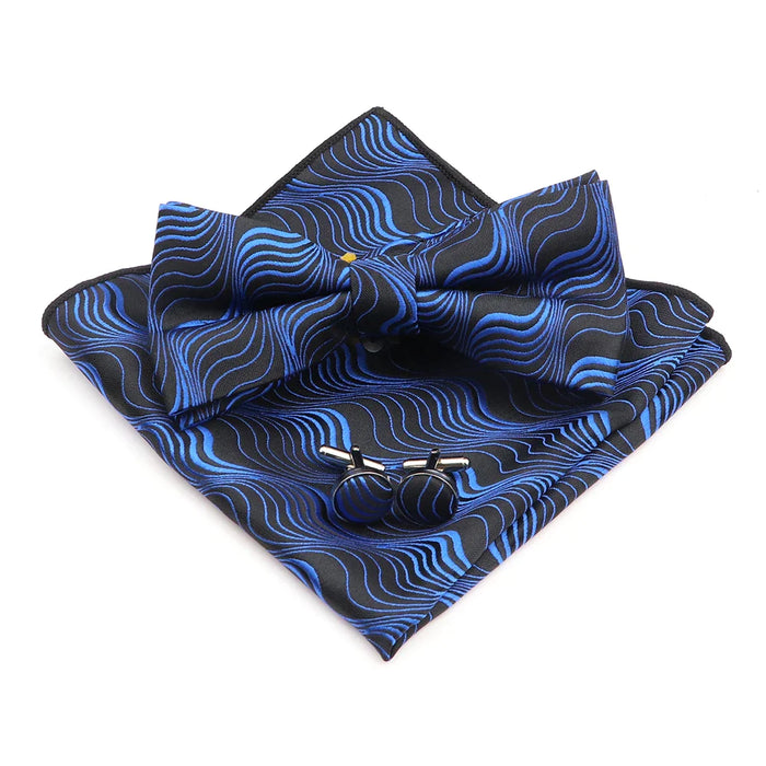 Blue Floral Pocket Square Set Bowtie Cufflink Brooch For Weddings