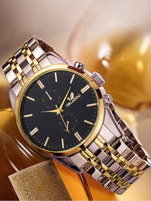 2PCs Fashion Business Big Dial Men's Room Gold Steel Band Quartz Wristwatch with Dumbbell Bead String Bracelet Set