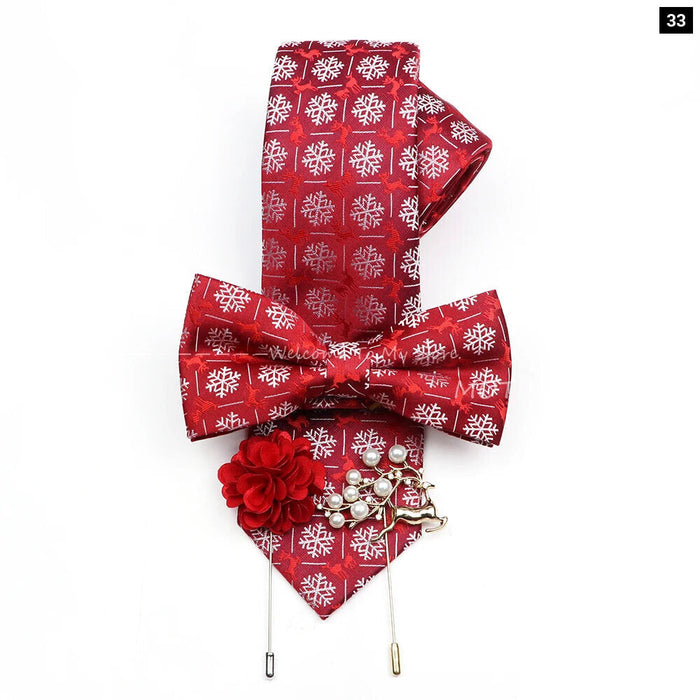 Christmas Tie Set Red Snowflake Bowtie And Brooches For Parties And Gifts