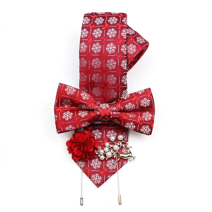 Christmas Tie Set Red Snowflake Bowtie And Brooches For Parties And Gifts