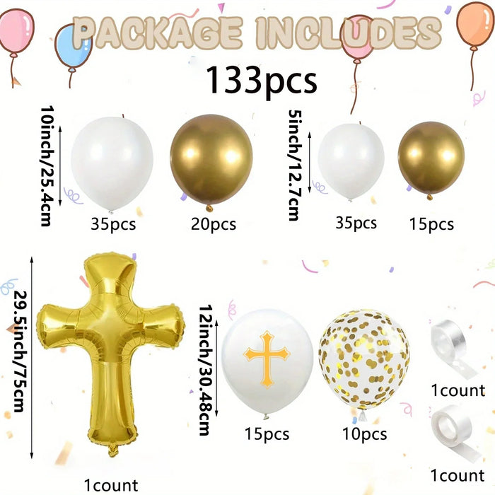 133Pcs First Communion Balloon Garland Arch Set Gold Cross Aluminum Film Balloon For Communion Background Baptismal Decoration