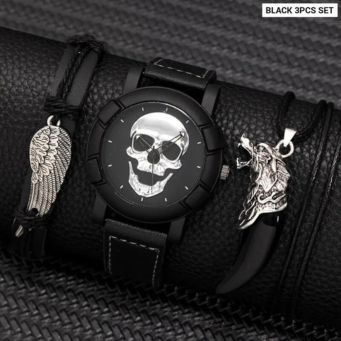 3PCS Set Fashion Mens Skull Watches Classic Men Business Leather Quartz Watch Male Cool Black Necklace Bracelet Wristwatch
