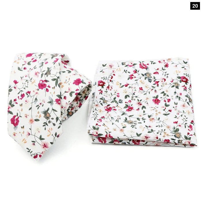 Floral Cotton Ties And Pocket Square Set For Business And Weddings