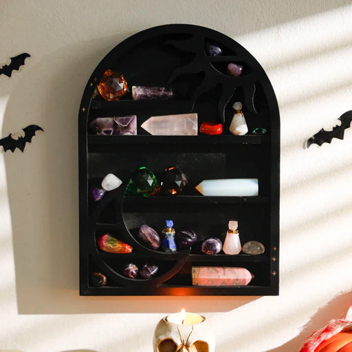 Wooden Crescent Moon Shelf With Crystal Stone Holder