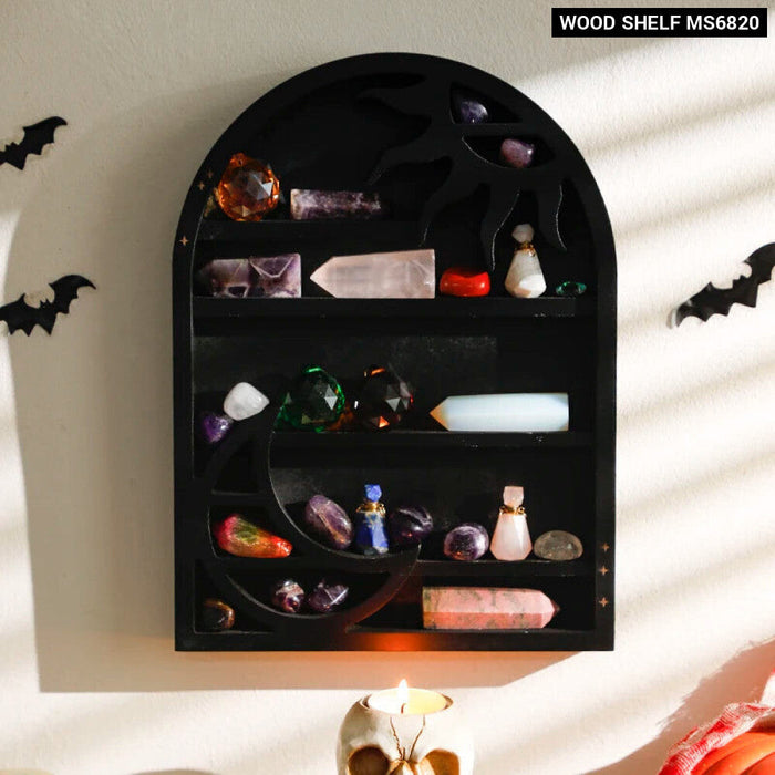 Wooden Crescent Moon Shelf With Crystal Stone Holder