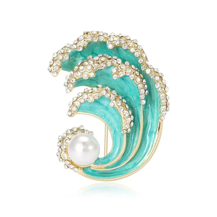 Ocean Blue Green Enamel Sea Wave Brooch For Women Luxury Pearled Lapel Pin With Hollow Out Design