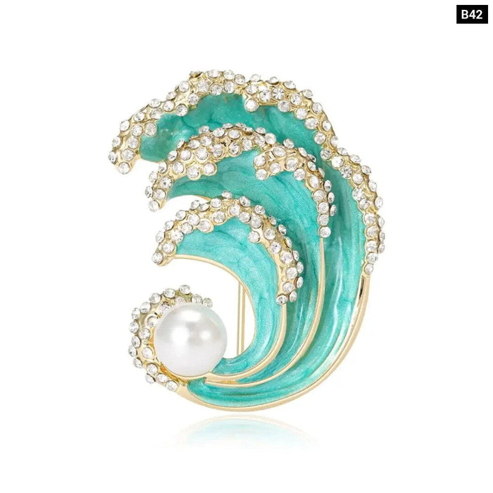 Ocean Blue Green Enamel Sea Wave Brooch For Women Luxury Pearled Lapel Pin With Hollow Out Design