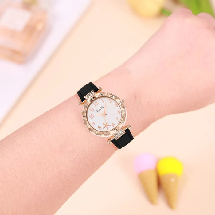 6Pcs Set Fashion Women Jewelry Watches Ladies Dress Black Leather Quartz Watch Womens Necklace Earrings Bracelet Wrist Watch