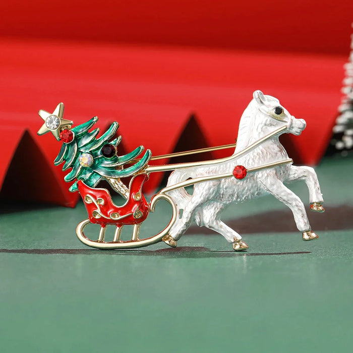 Enamel Horse Carriage Lapel Pin Christmas Tree Brooch