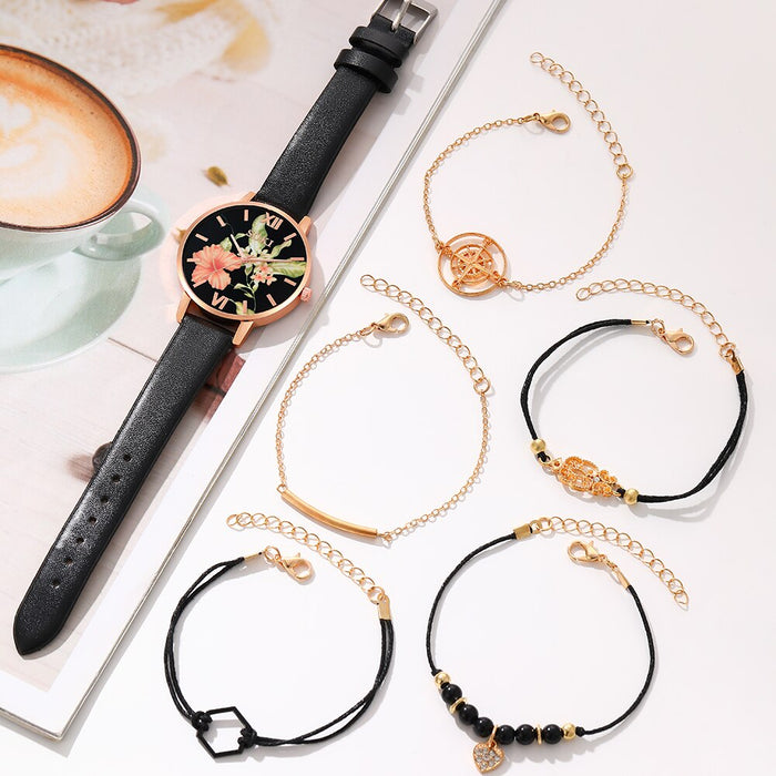 6Pcs Set Dainty Quartz Watches Simple Bracelet Women Leisure Casual Round Pointer Flowers Dial Watch Marbling Bracelet Set