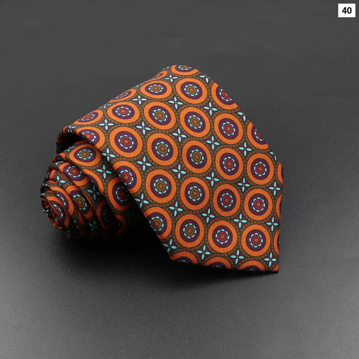 Silk Tie For Men 7.5Cm Soft Novelty Necktie In Blue Green And Orange Dot And Floral Design For Weddings And Business Gift Idea