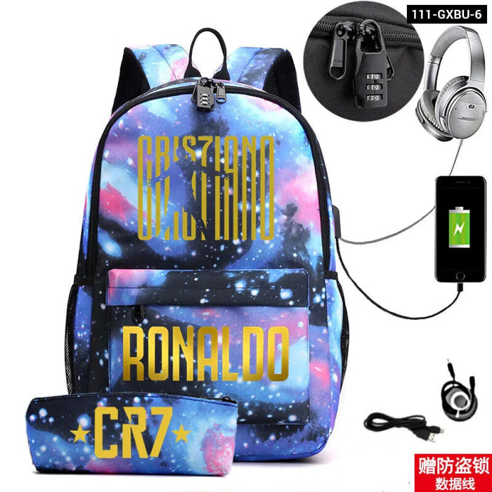 Ronaldo Printed Backpack With Usb And Lock 2 Piece Set