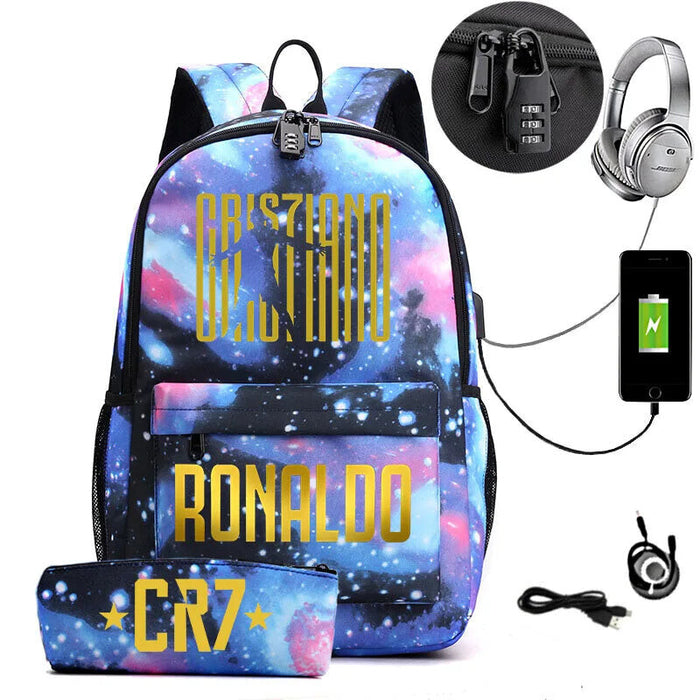 Ronaldo Printed Backpack With Usb And Lock 2 Piece Set