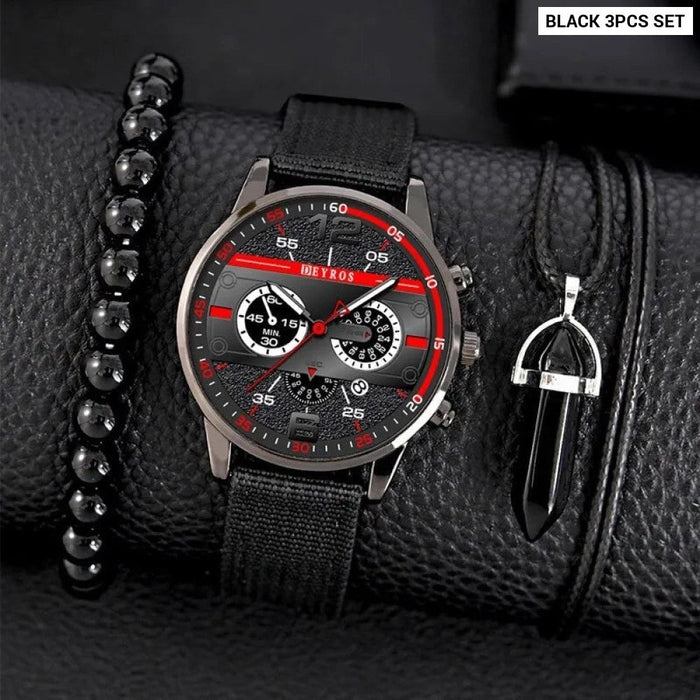 3PCS Set Fashion Mens Bracelet Necklace Watches Men Business Quartz Wrist Watch Classic Male Casual Nylon Watch