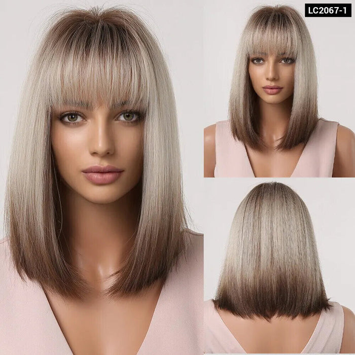 Brown Blonde Ombre Short Bob Wig With Bangs