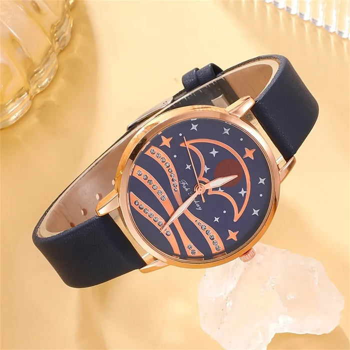 5Pcs Set Women Fashion Quartz Watch Female Clock Moon Dial Luxury Brand Design Women Watches Simple Ladies Watches